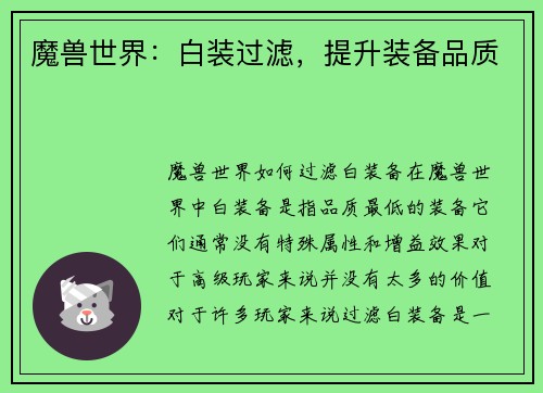 魔兽世界：白装过滤，提升装备品质